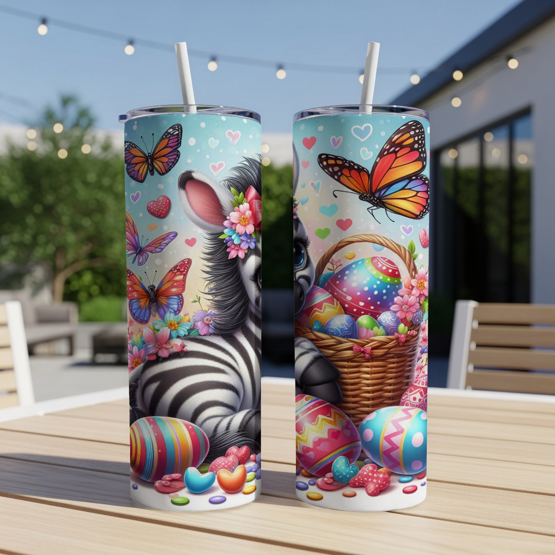 Two tumblers featuring a zebra, Easter eggs, and butterflies on a table.