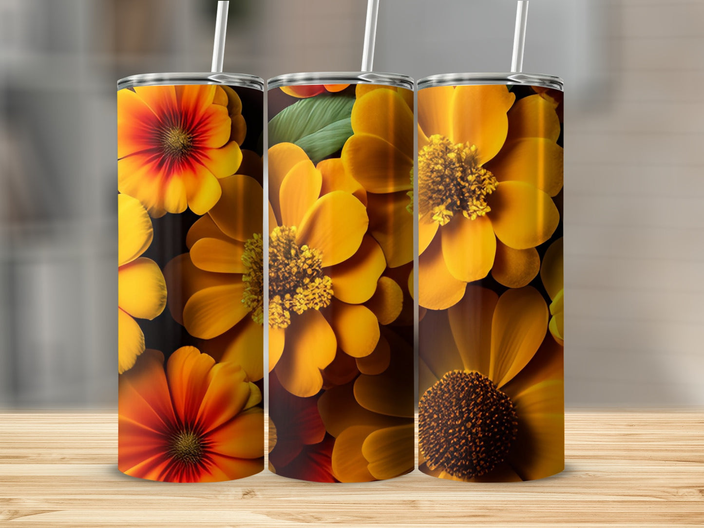 Bright Yellow and Orange Floral Design Tumbler Product
