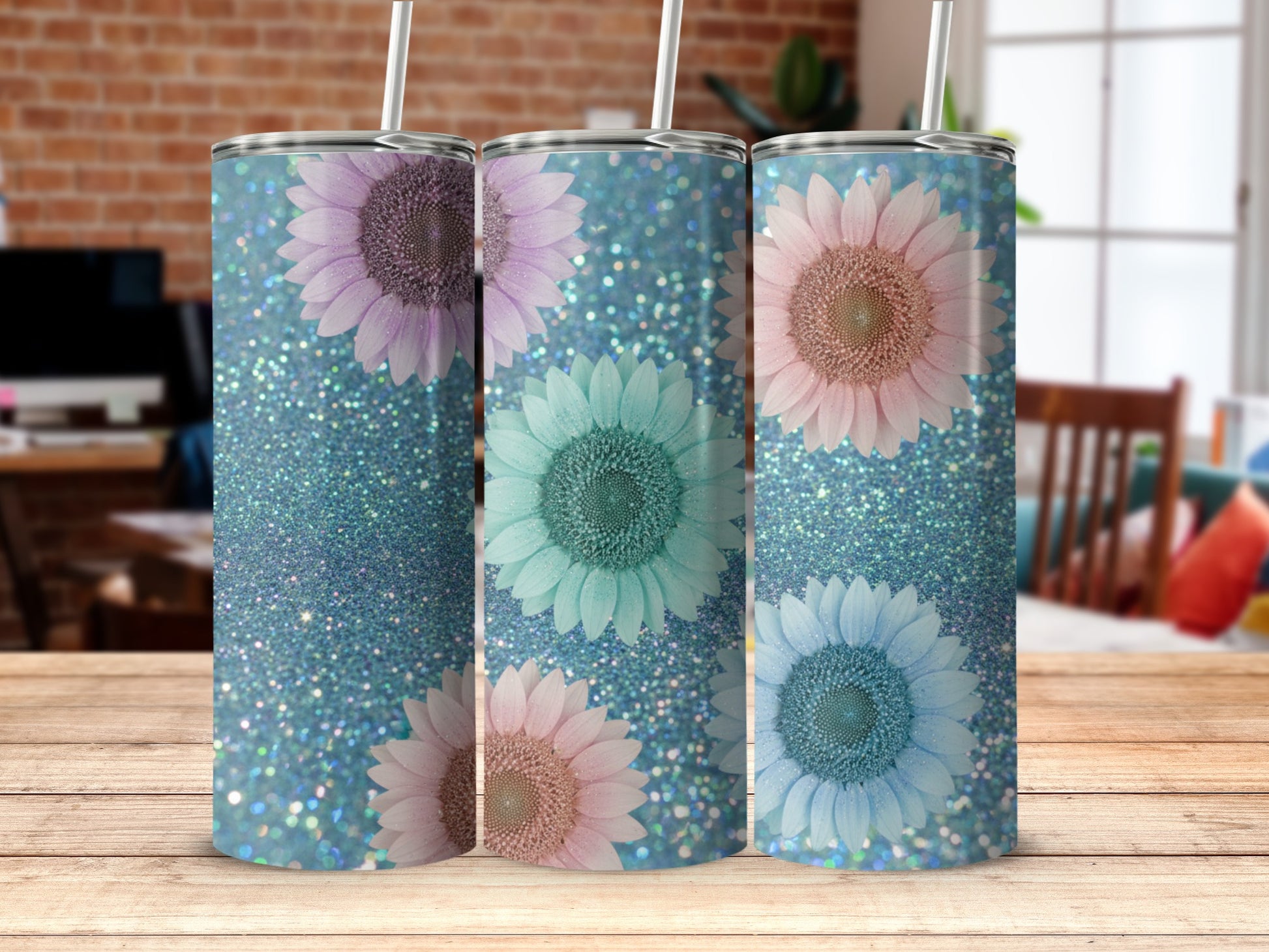Glittery Sunflower Floral Sparkle Design Tumbler