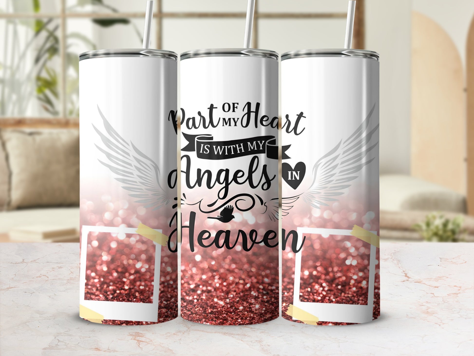 Tumblers with "Part of my Heart is with my Angels in Heaven" text, wings, and photos.