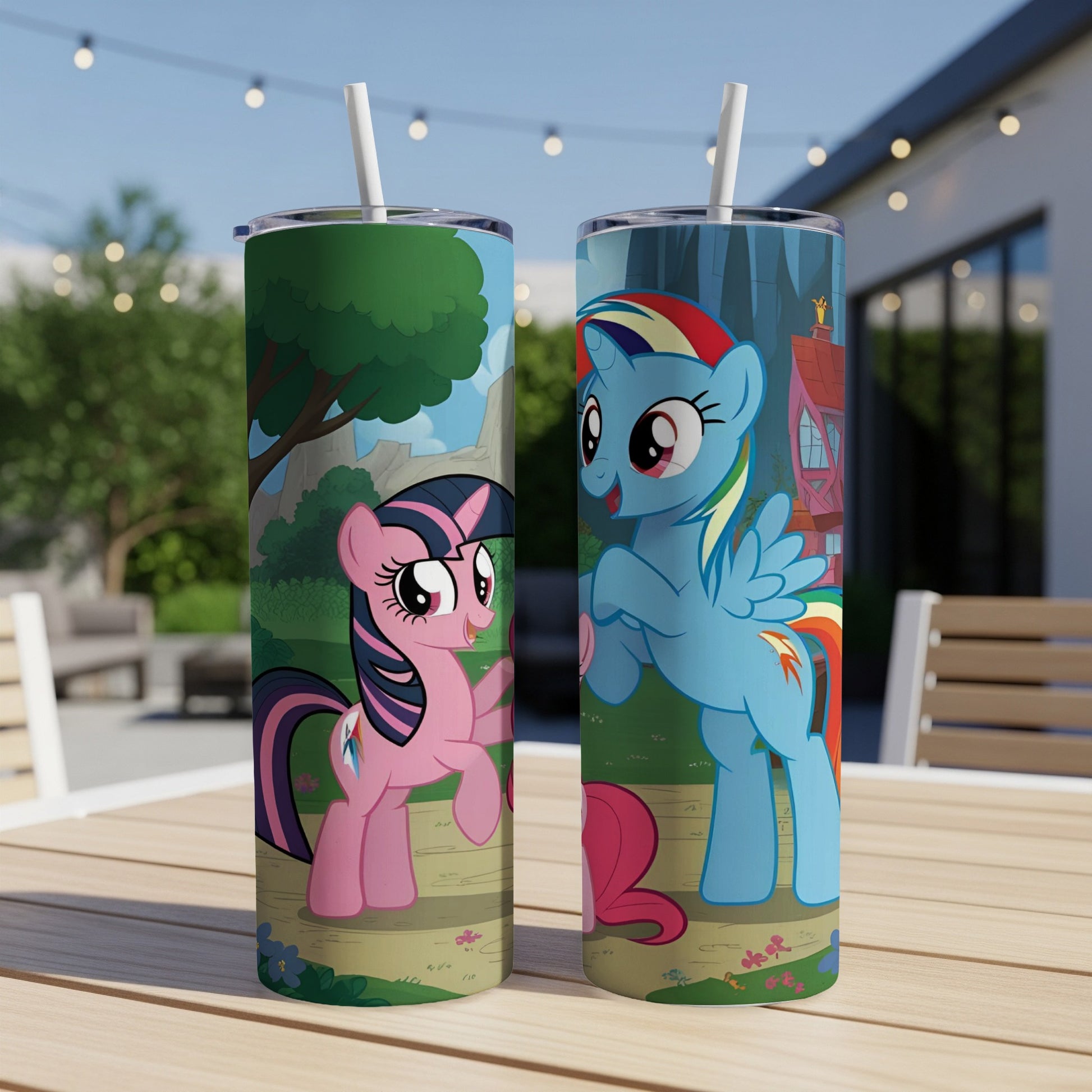 Two My Little Pony characters, Twilight Sparkle and Rainbow Dash, on tumblers.