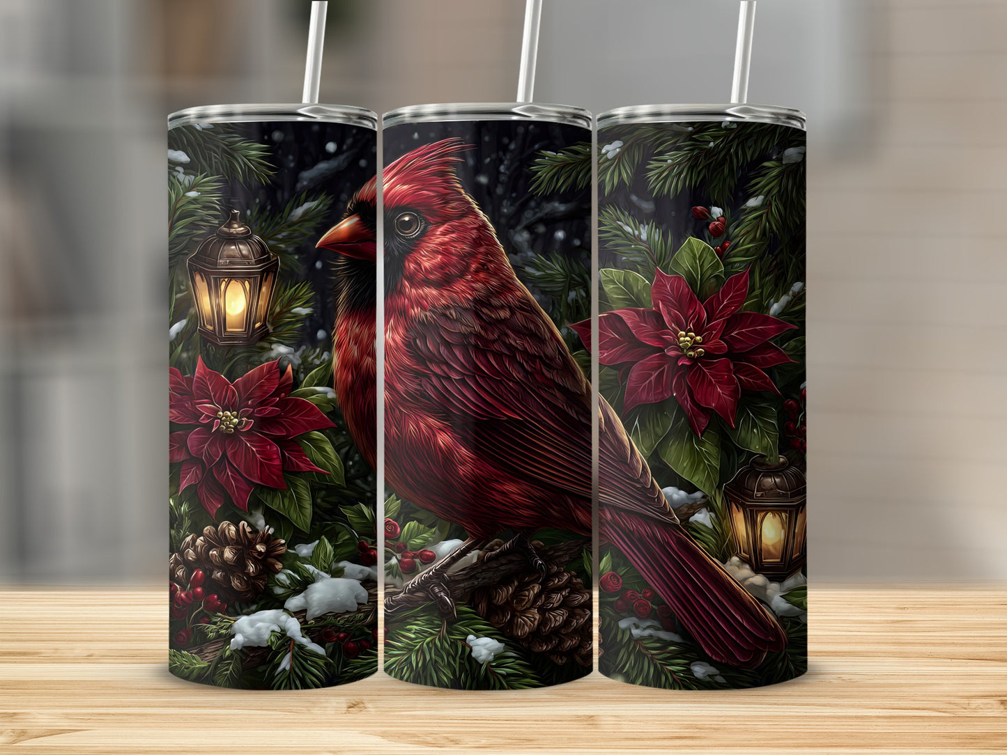 Festive Cardinal Design with Lantern and Pine Blossoms