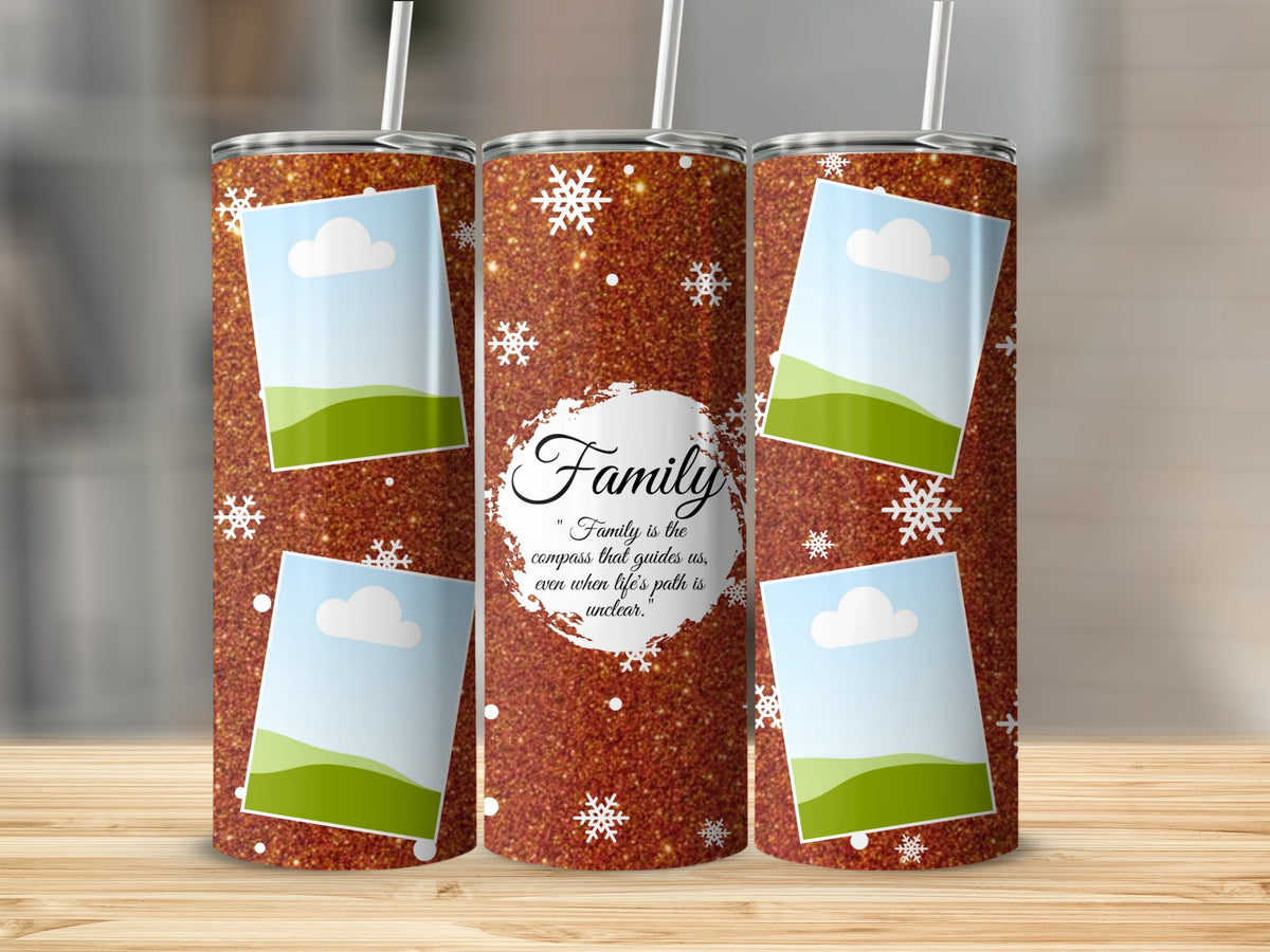 Glittery brown tumblers with snowflake designs and empty photo frames.