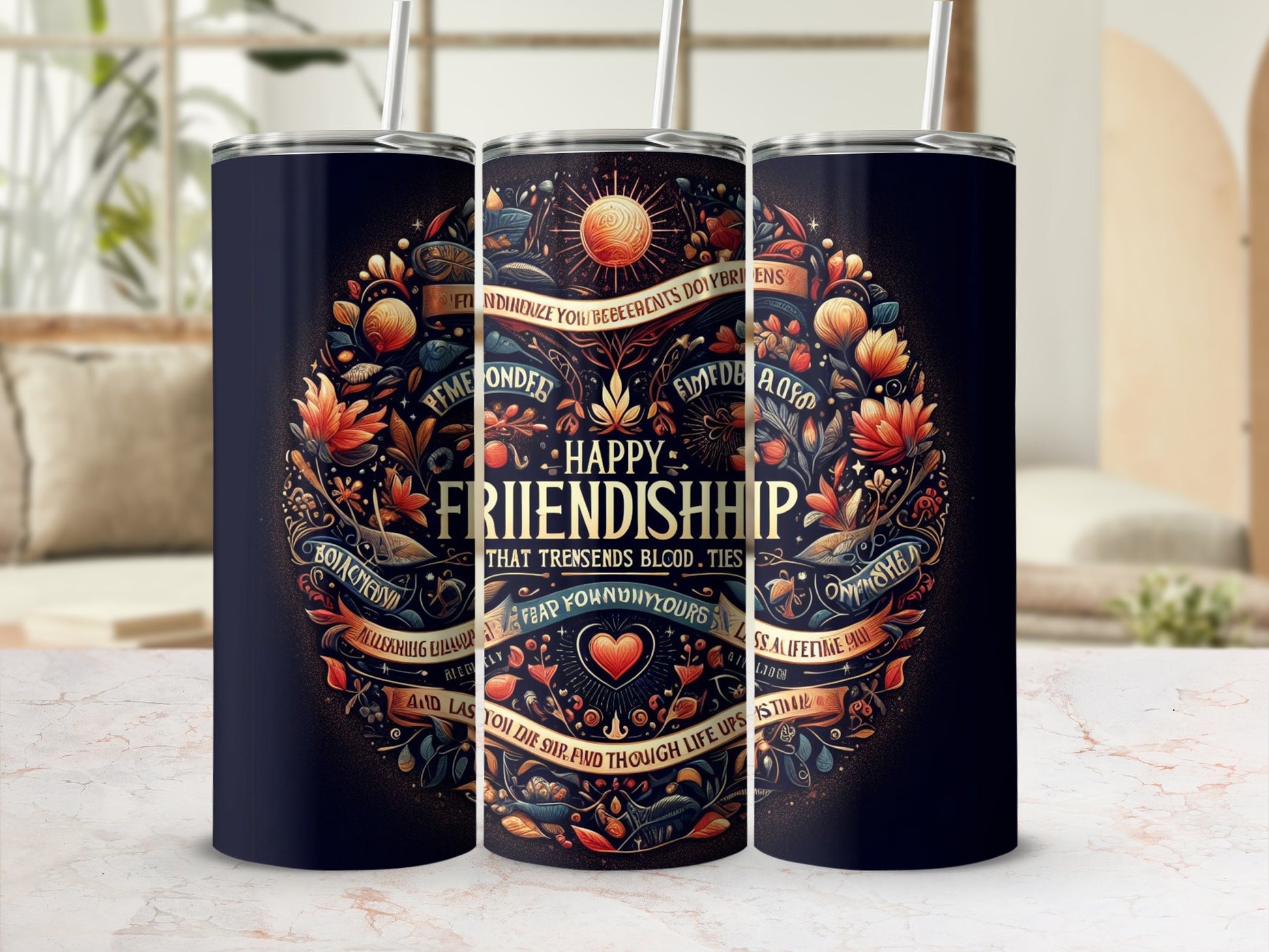 Happy Friendship Floral Design Tumbler with Straw