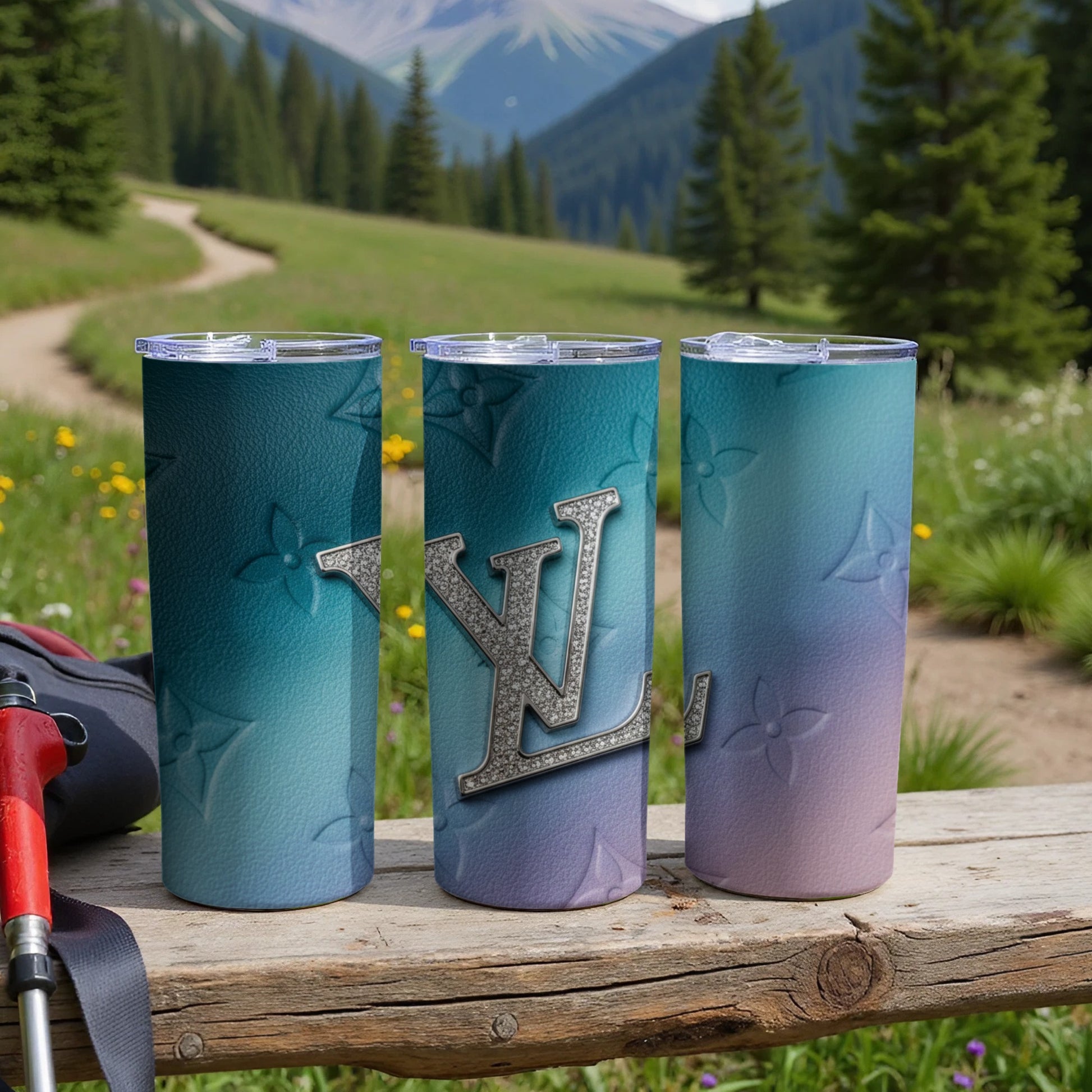 Gradient Blue Travel Tumbler with Embossed Initials Design
