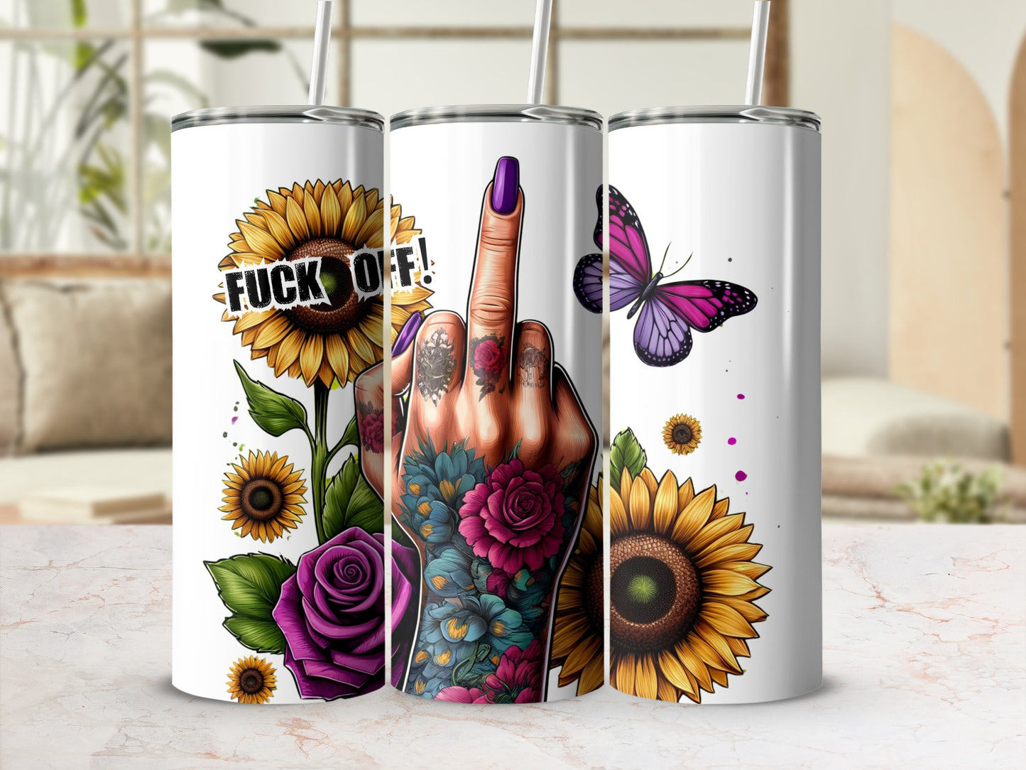 FUCK OFF Sunflower Butterfly Tumbler Sassy Middle Finger product type