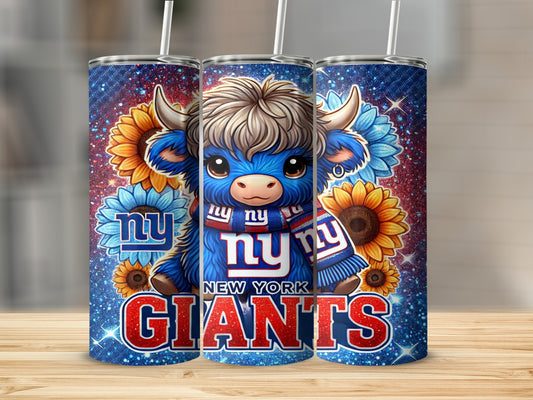 Blue cartoon bull in New York Giants scarf and shirt with sunflowers.