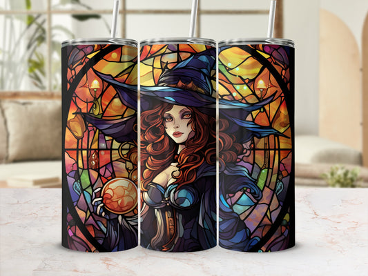 Stained glass witch holding a glowing orb, three tumblers side by side.