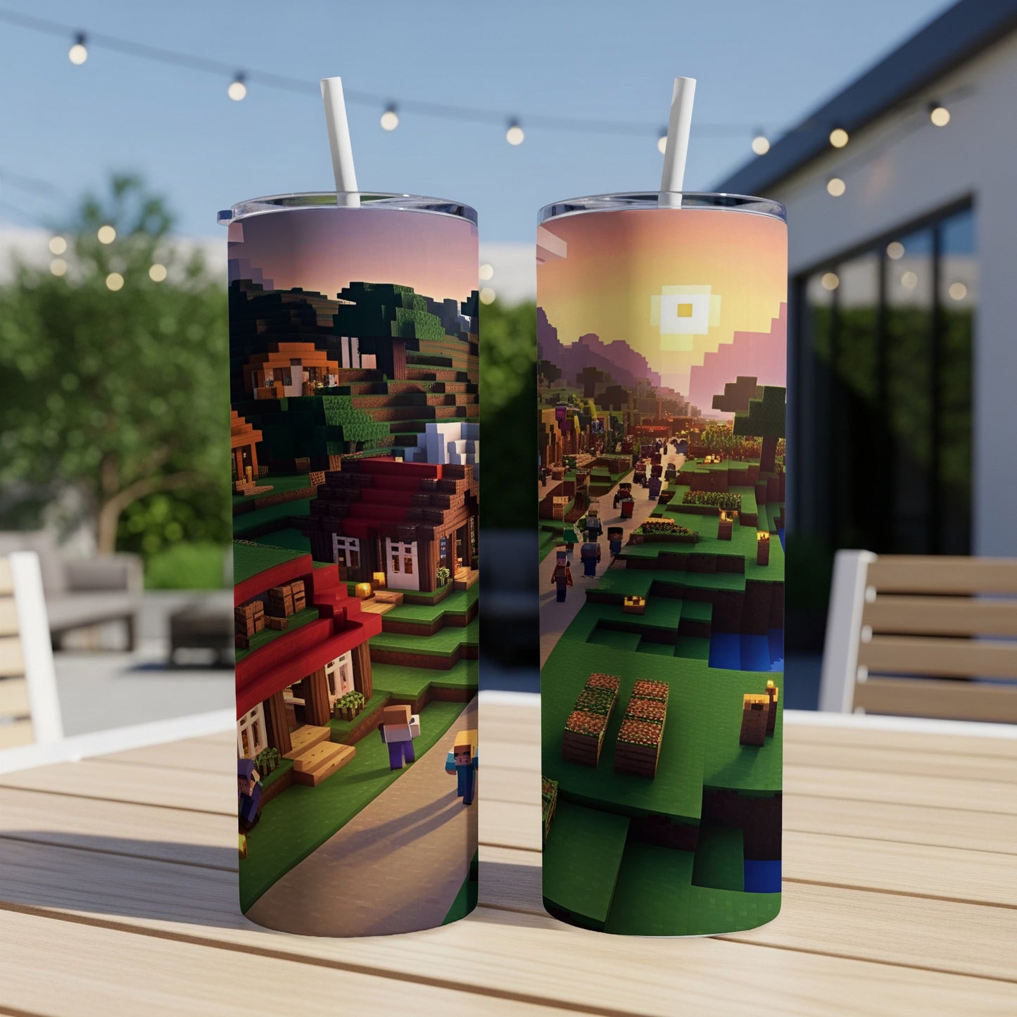 Minecraft village scene on two tumblers, a sunny day.