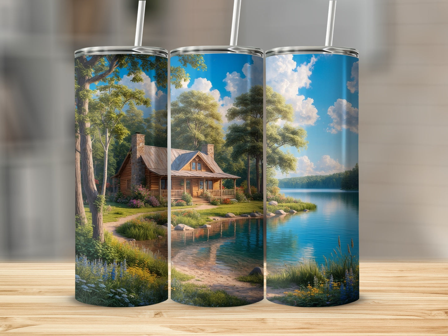 Log cabin by serene lake with trees and bright blue sky.