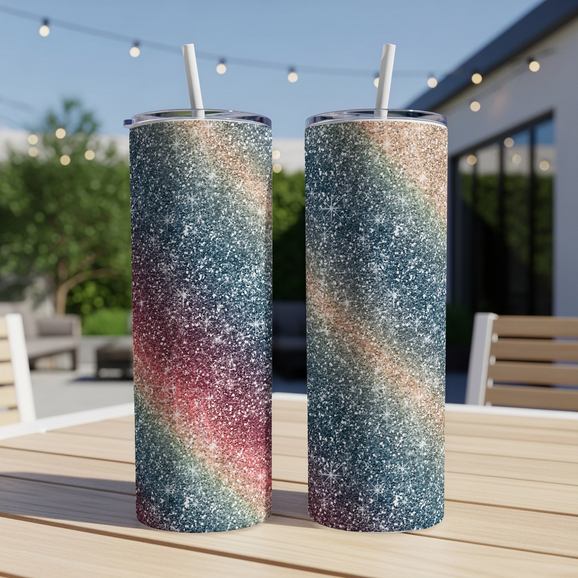 Two glitter tumblers with a diagonal rainbow gradient of red, gold, and blue.