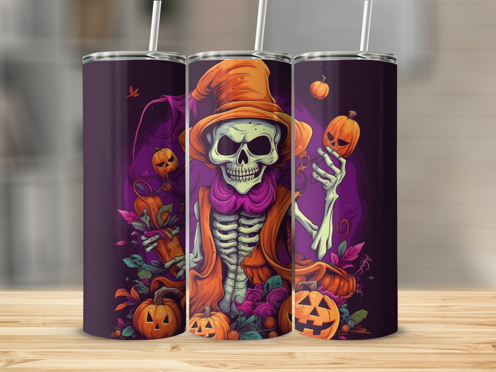 Tumbler with Halloween skeleton, pumpkins, and purple floral accents.