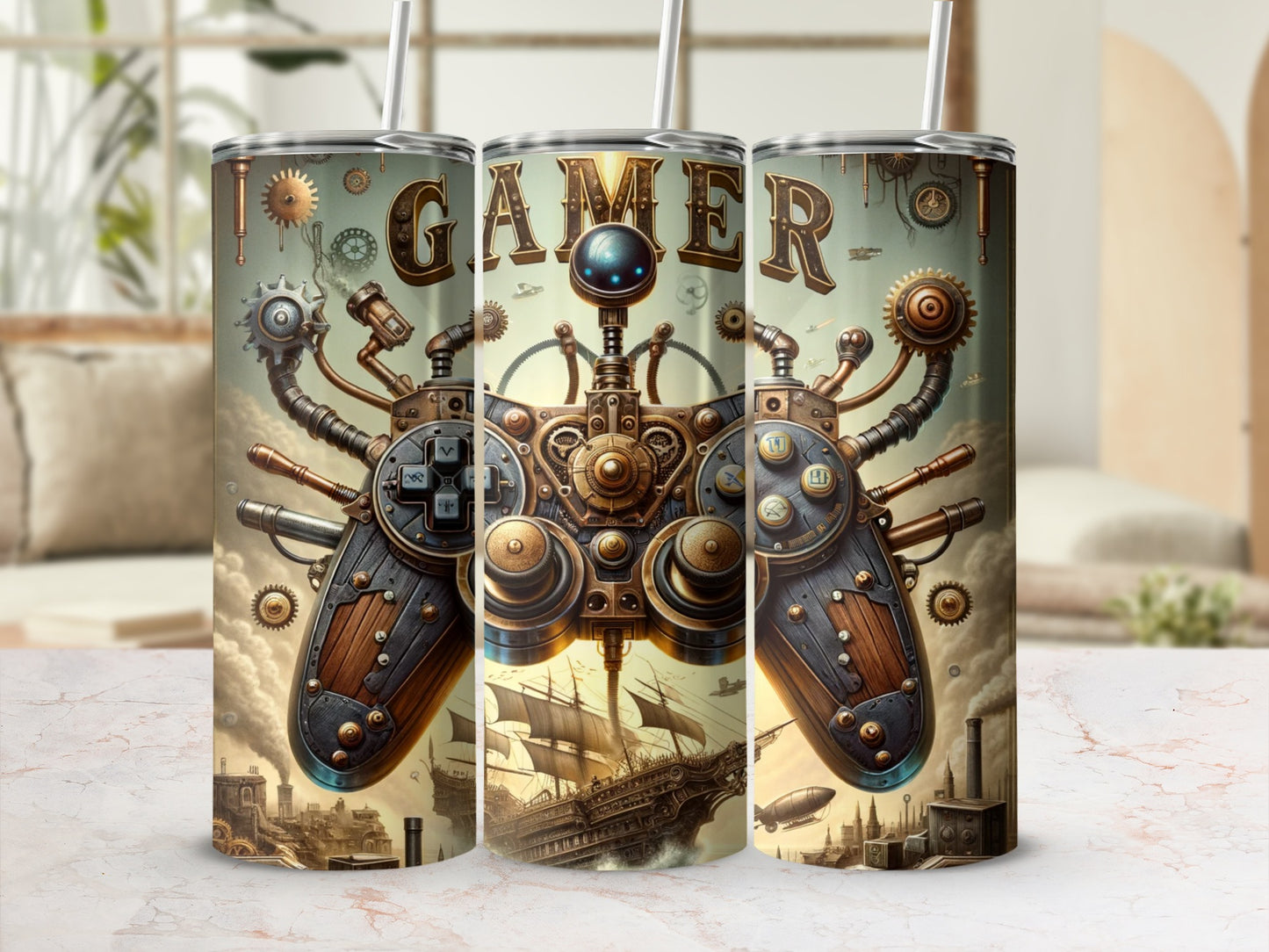 Steampunk controller with "GAMER" text, sailing ship, and airships.