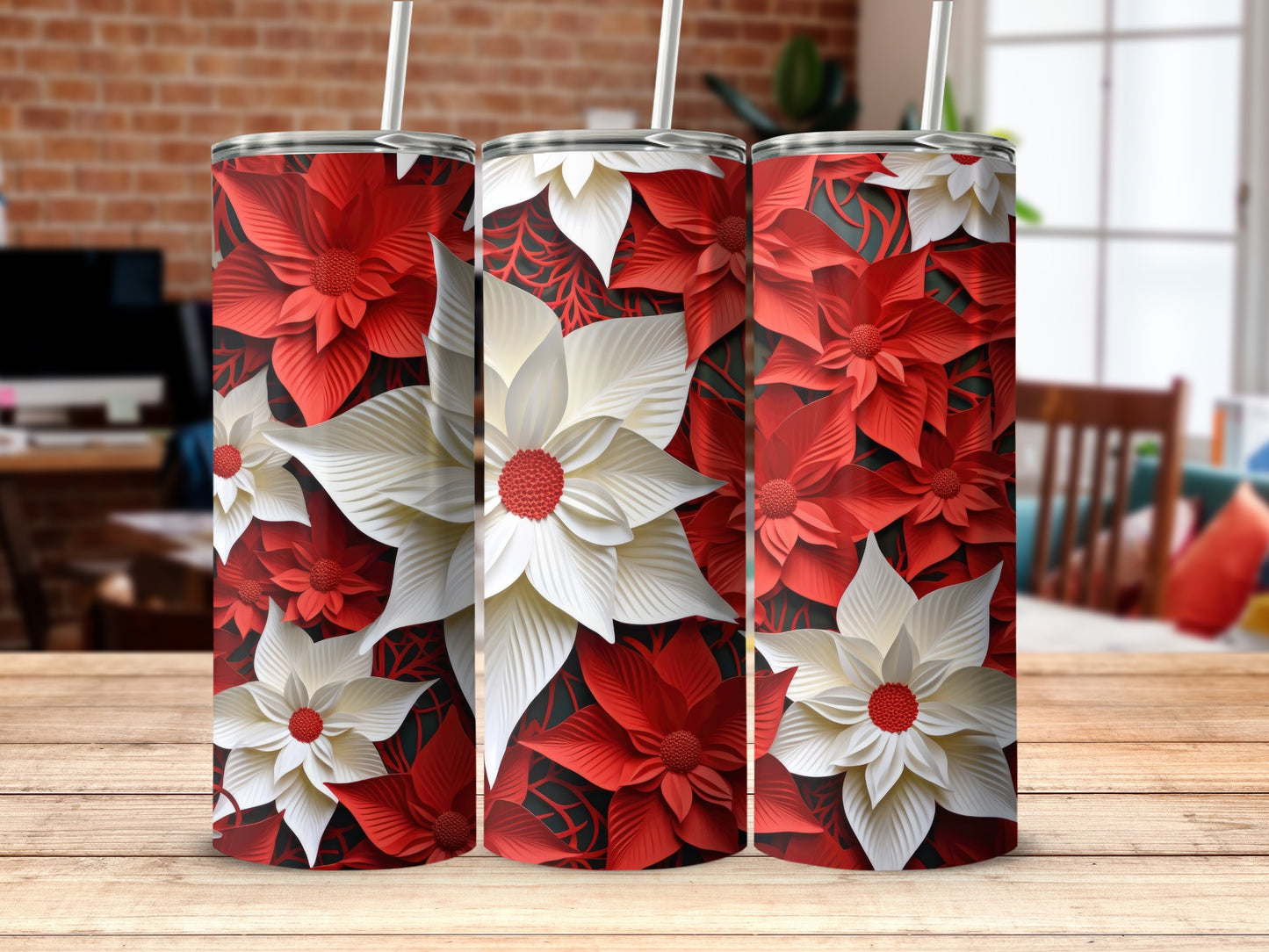 Festive Poinsettia Design Insulated Tumbler 20oz Cup