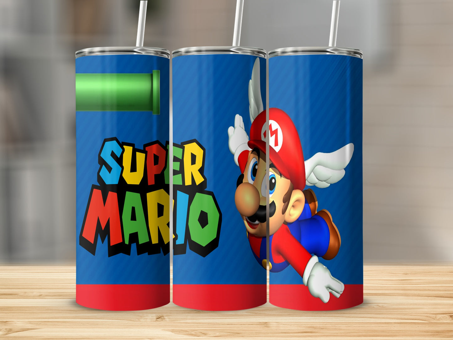 Super Mario tumbler with Mario flying with wings and text.
