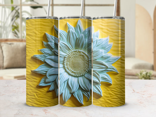 Three yellow tumblers featuring a textured white sunflower design.
