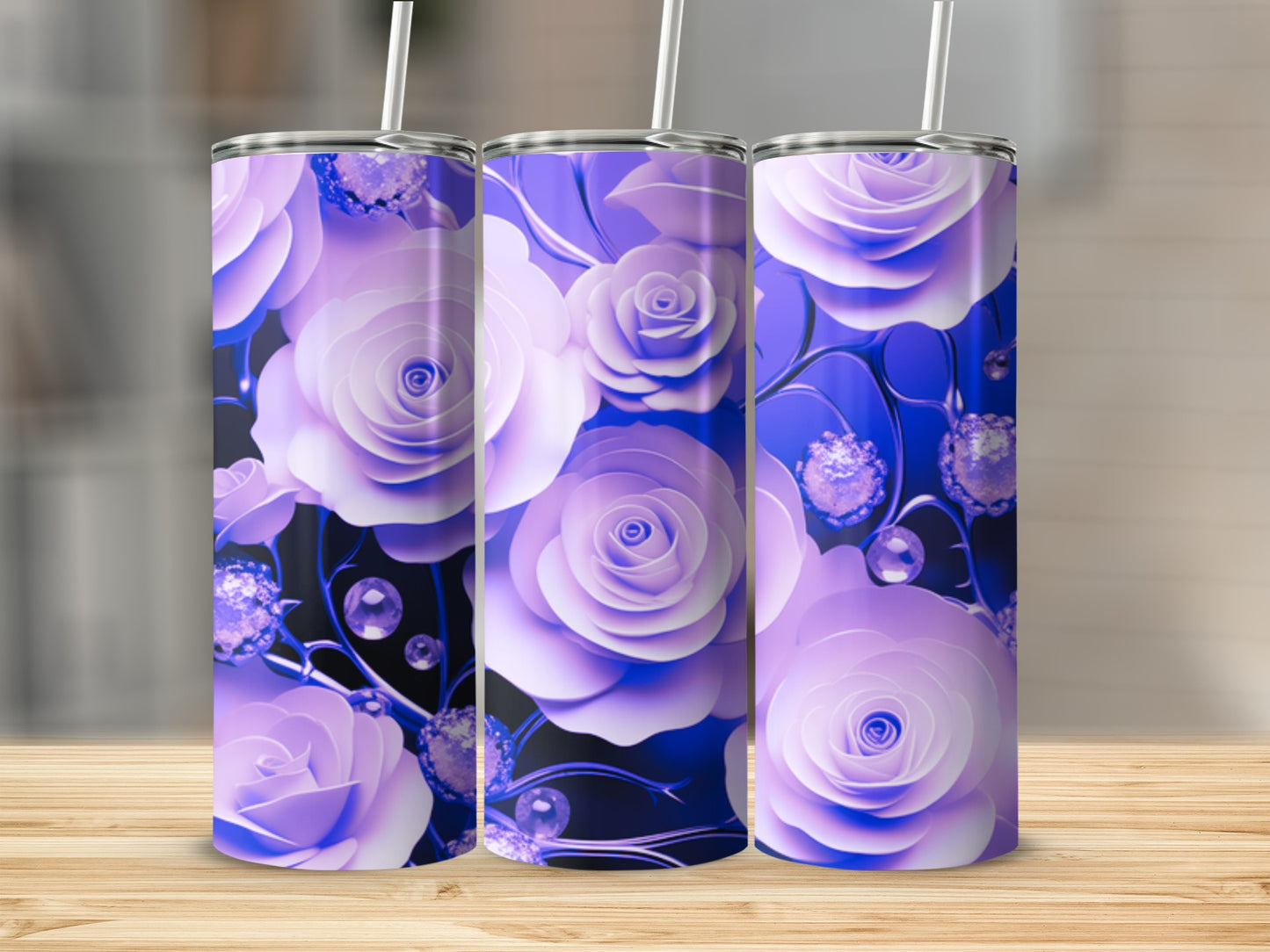 Three purple rose tumblers with jewel accents on a wooden surface.