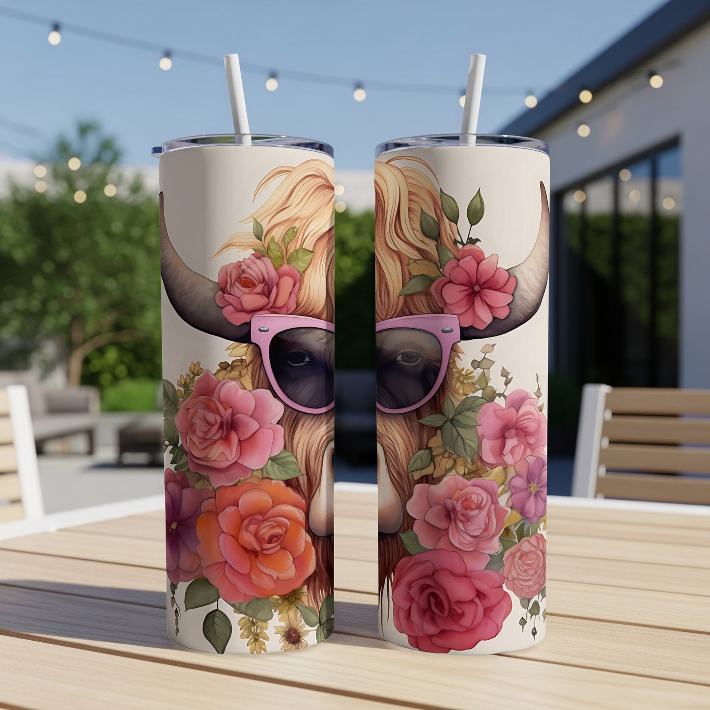 Highland cow with sunglasses and flowers on a tumbler.