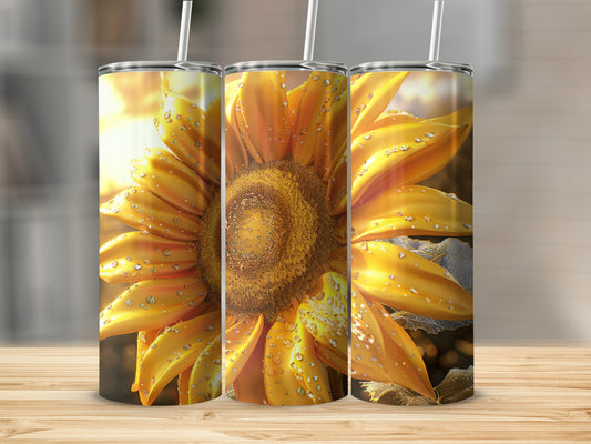 Three tumblers with close-up sunflower designs featuring water droplets.
