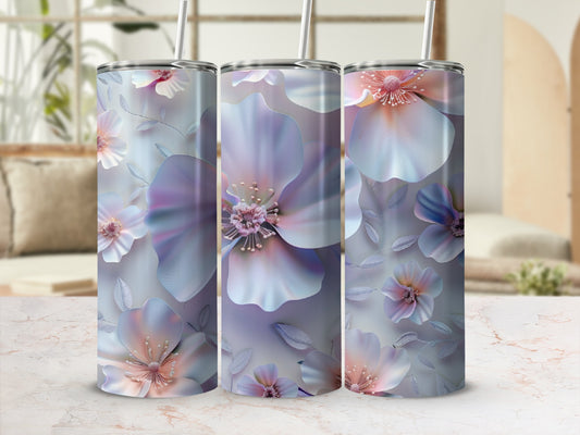 Three tumblers with a pastel floral design, featuring large soft petals.
