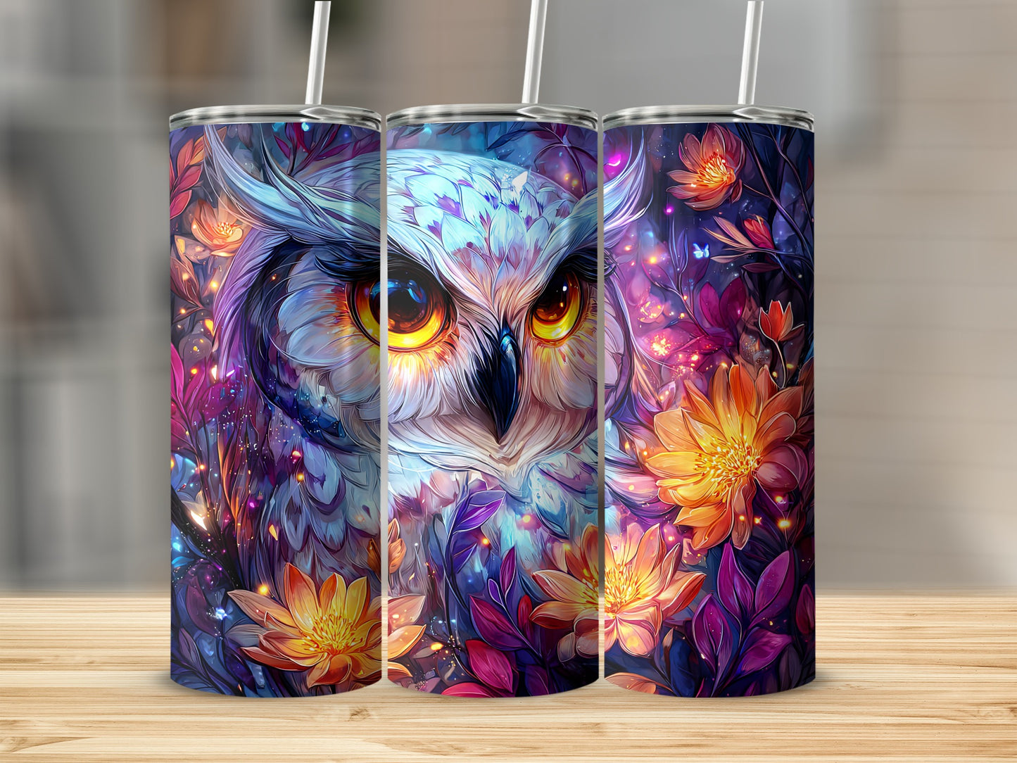 Colorful Owl and Floral Design Tumbler Drinkware
