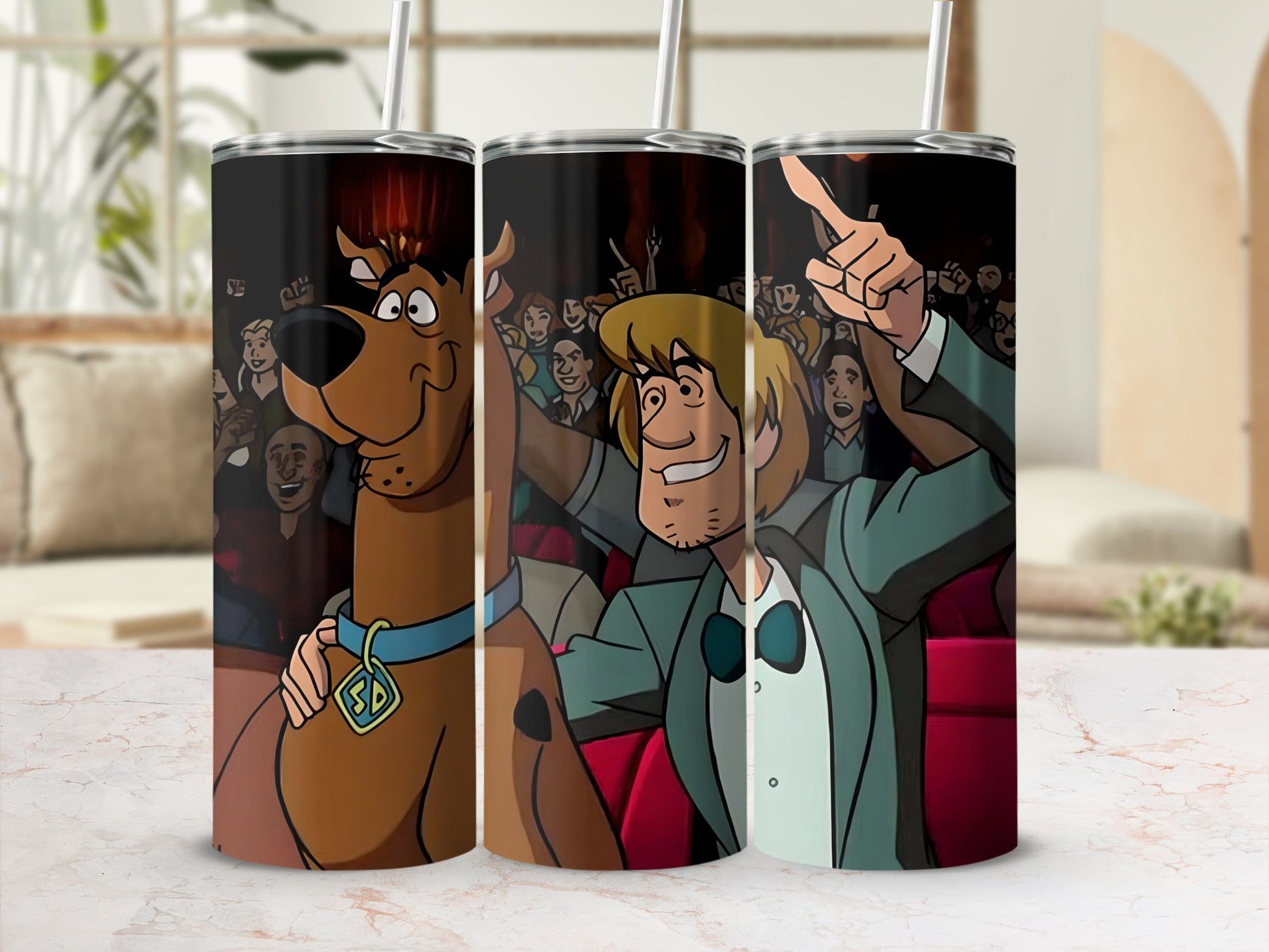 Scooby-Doo and Shaggy pointing in a movie theater with audience in background.