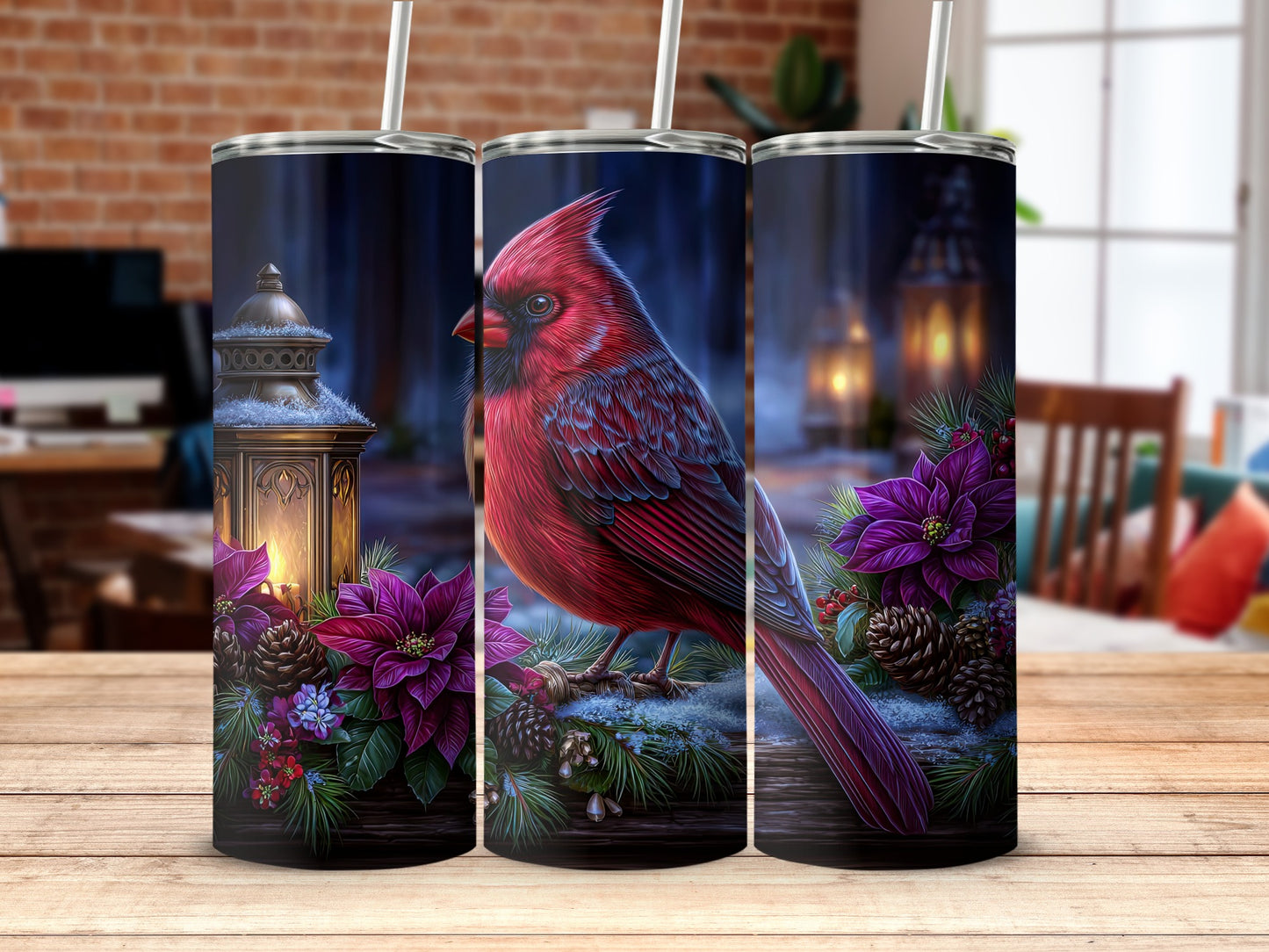 Festive Cardinal and Lantern Design Tumbler Cup