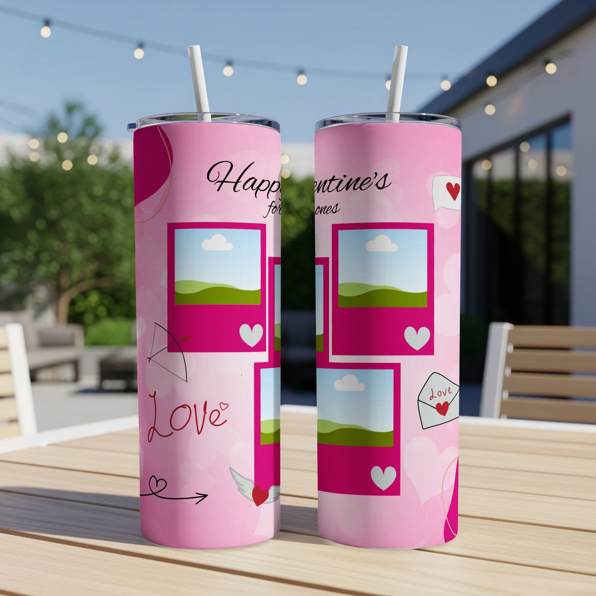 Pink Valentine's Day tumblers with photo frames and love icons.