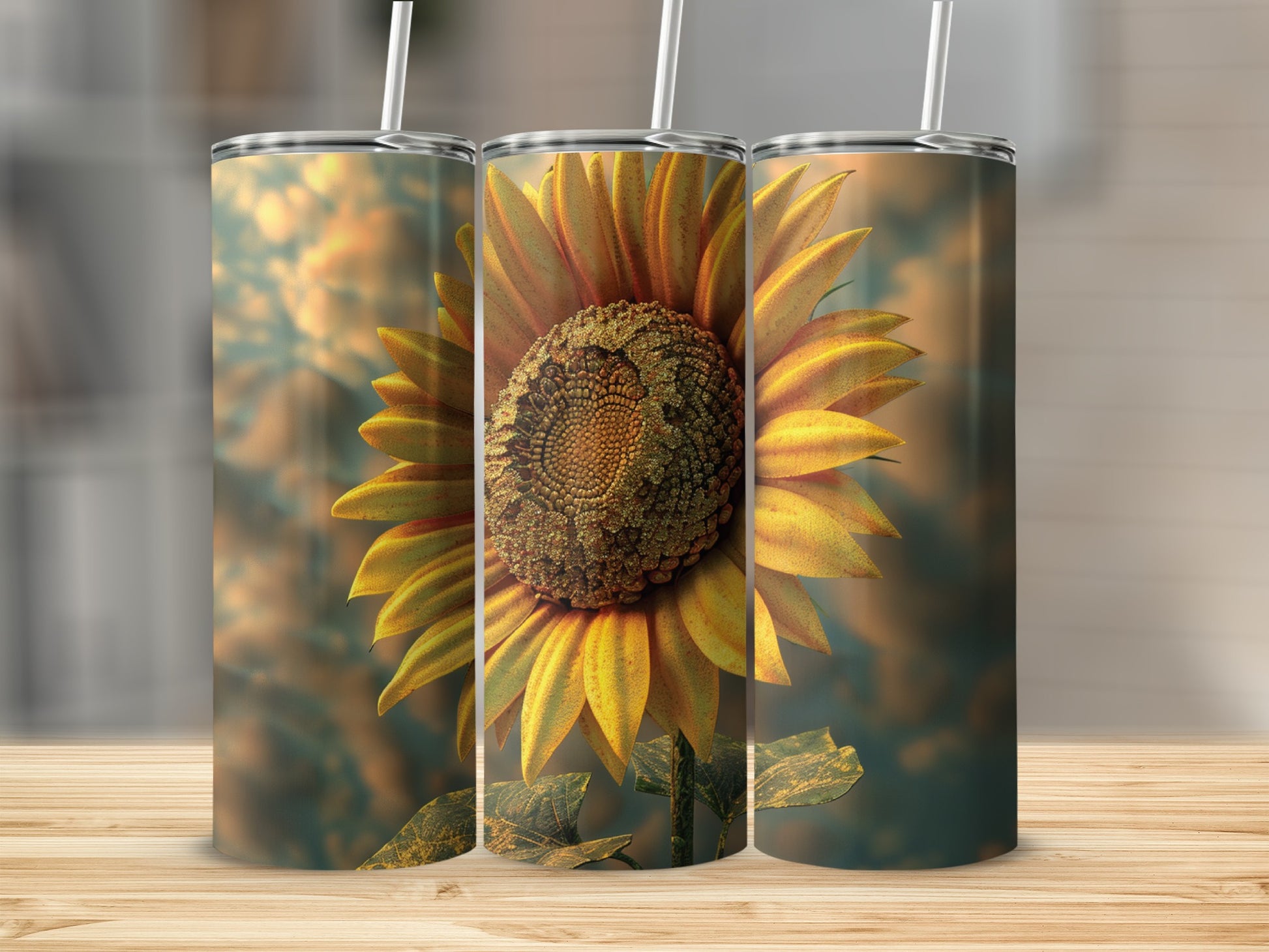 Three tumblers with a large sunflower graphic on a wooden surface.