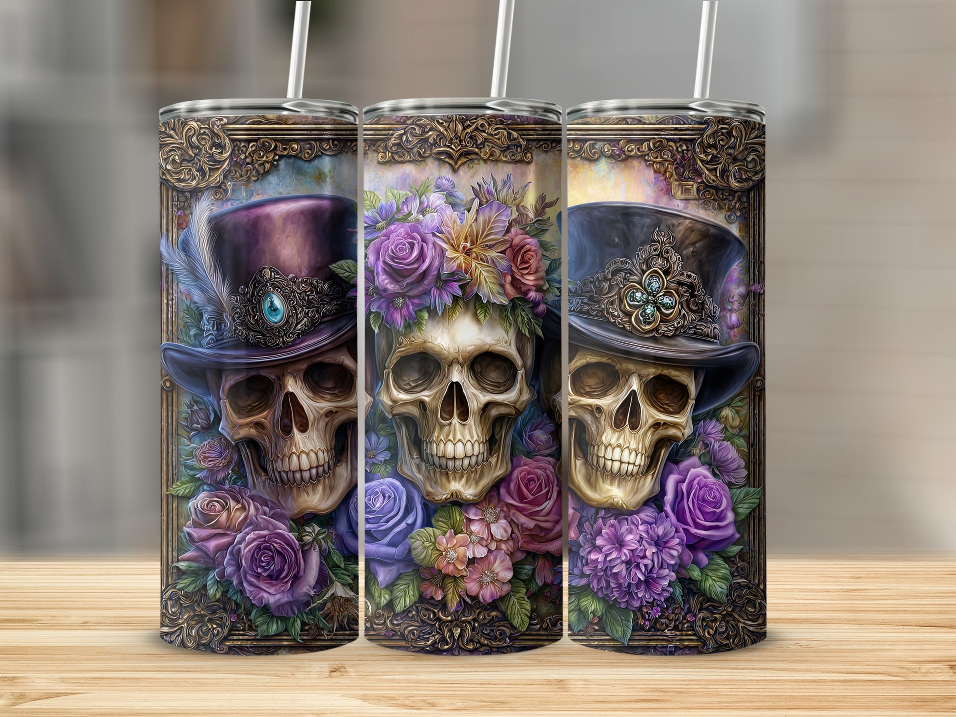 Gothic Skull and Floral Art Insulated Tumbler Product