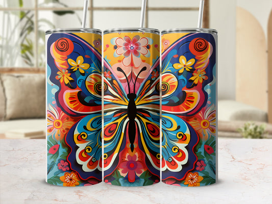 Triptych of colorful butterfly and floral patterned tumblers.