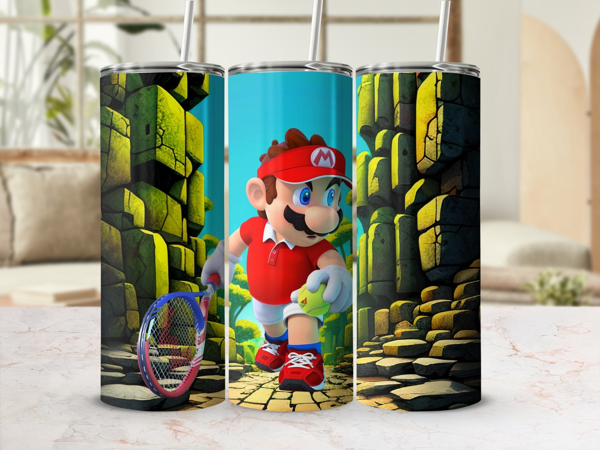 Vibrant Tennis Player with Racket Tumbler Cup