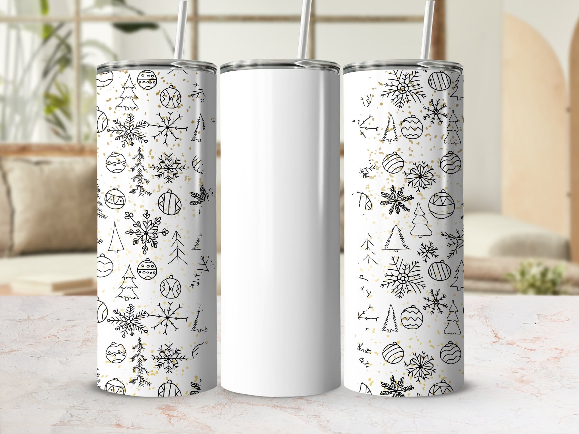 Festive Winter Themed Patterned Tumblers With Straw