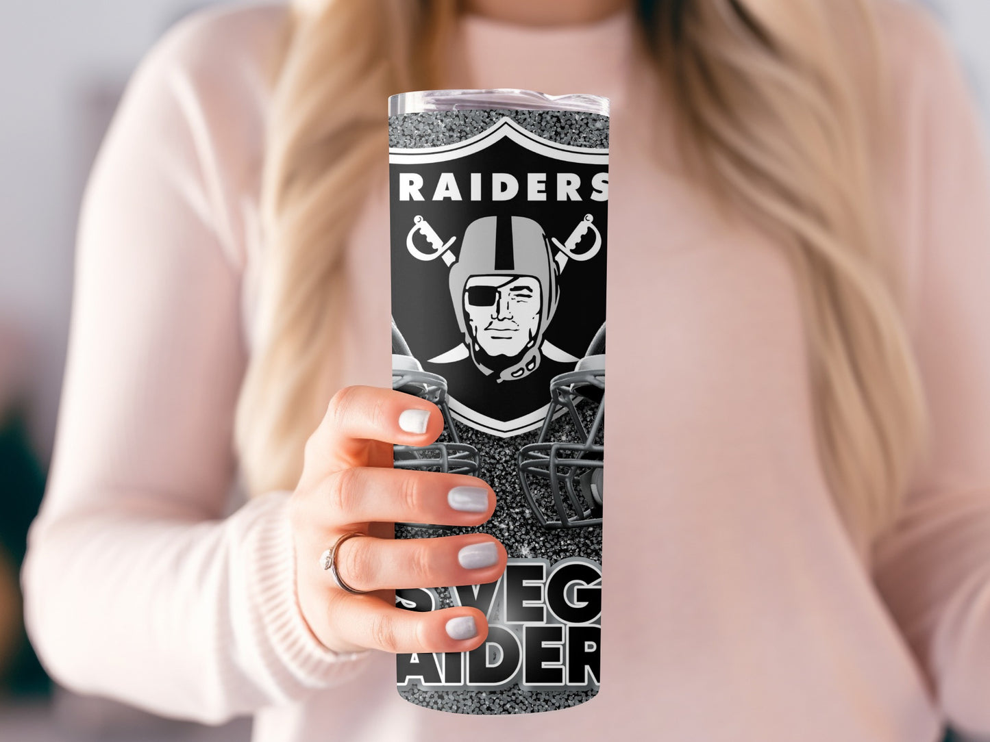 Las Vegas Raiders Helmets Team Logo Design Silver Glitter Tumblers