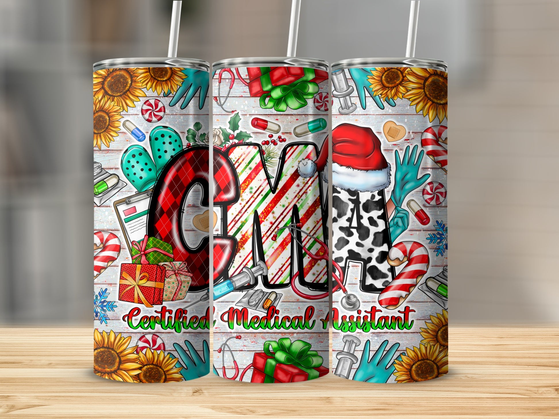Christmas-themed CM Certified Medical Assistant tumbler with stethoscope and sunflowers.
