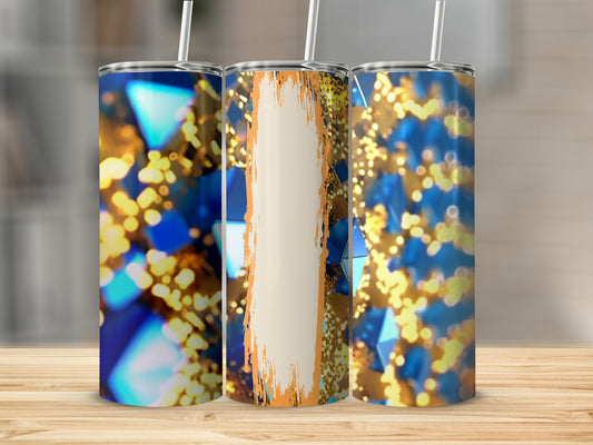 Three tumblers with abstract blue and gold bokeh background designs.