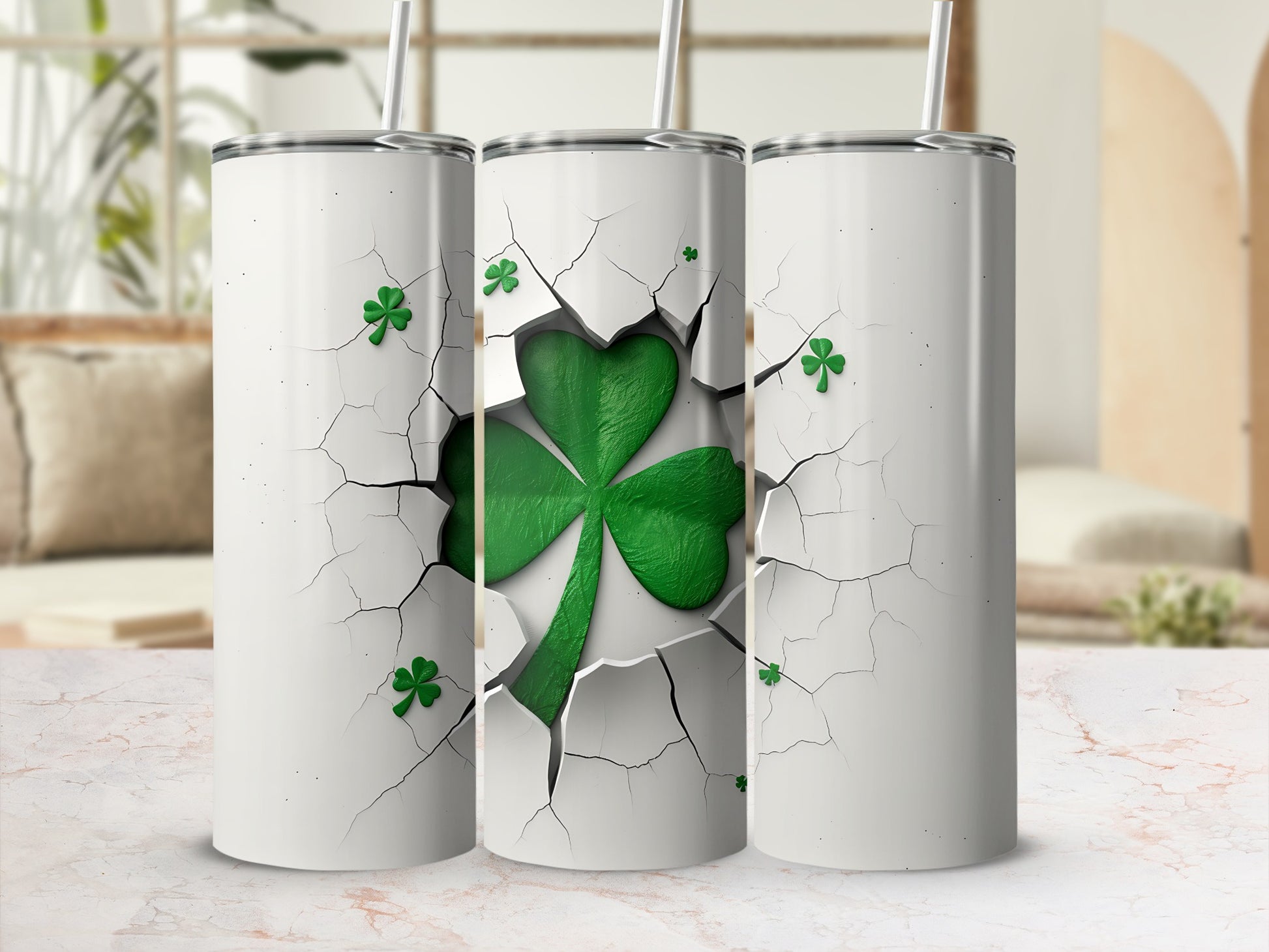 White tumbler with cracked surface revealing green shamrocks inside.
