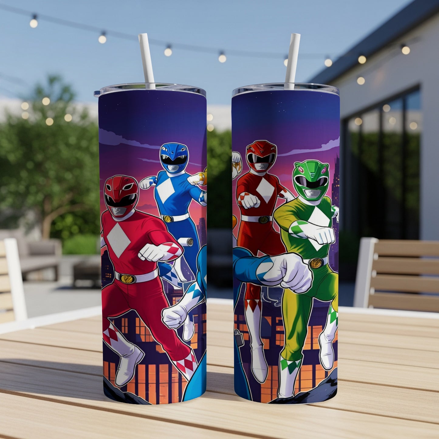 Power Rangers in action poses against a city skyline.
