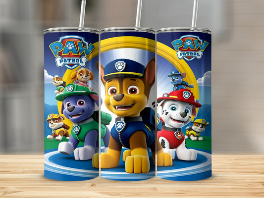 Paw Patrol characters Chase, Marshall, and Rubble on a tumbler.