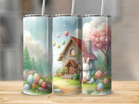 Easter tumbler featuring a cottage, bunny, and decorated eggs with balloons.