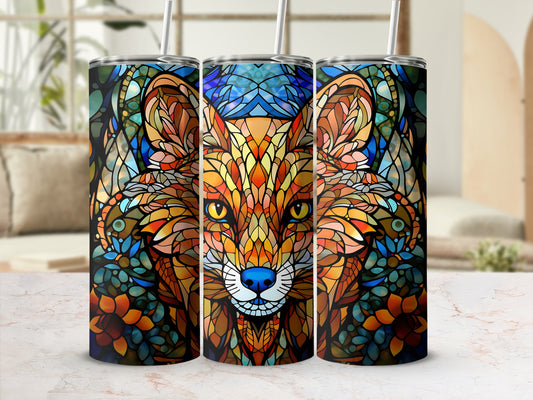 Abstract stained-glass fox face with floral accents on three tumblers.