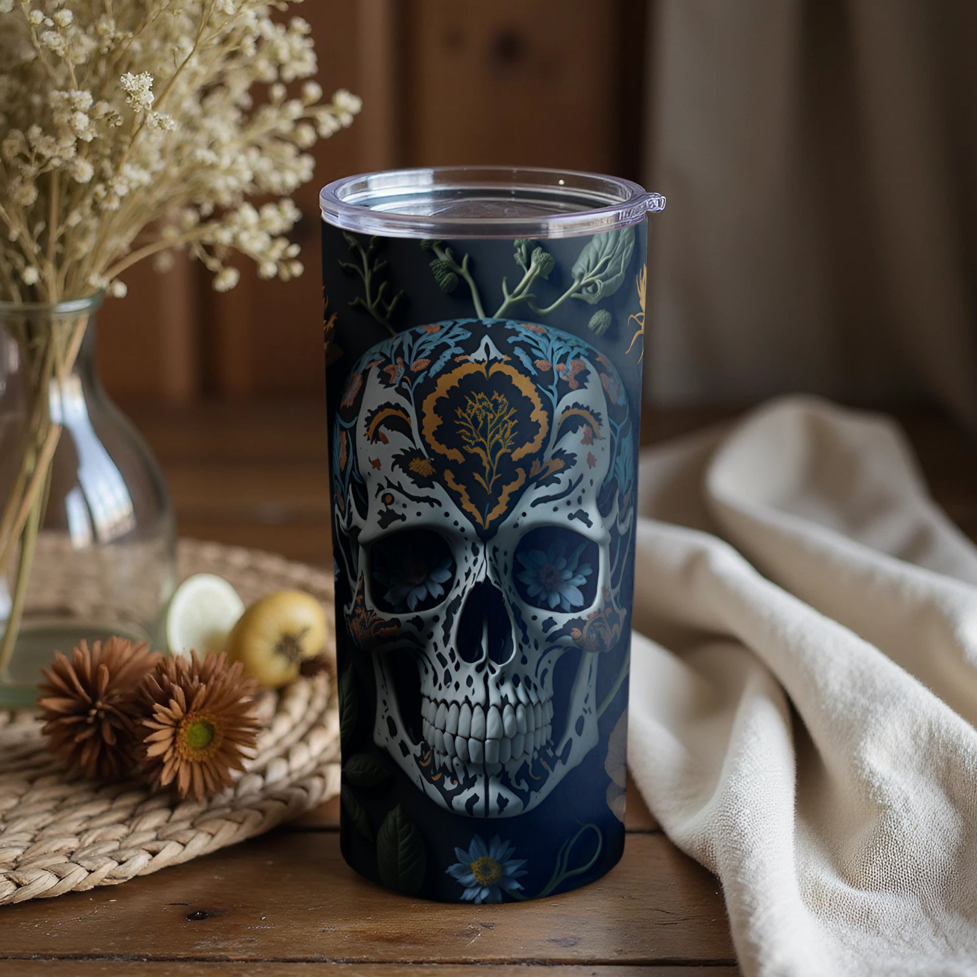 Intricately Designed Skull Art Travel Tumbler