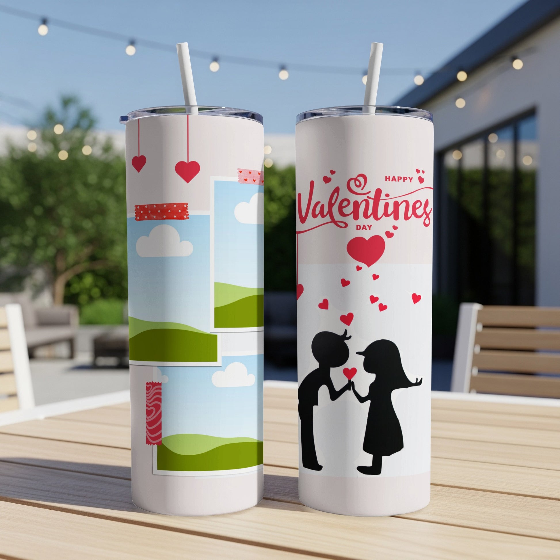 Two Valentine's Day tumblers, one with landscapes, one with silhouettes of a couple.