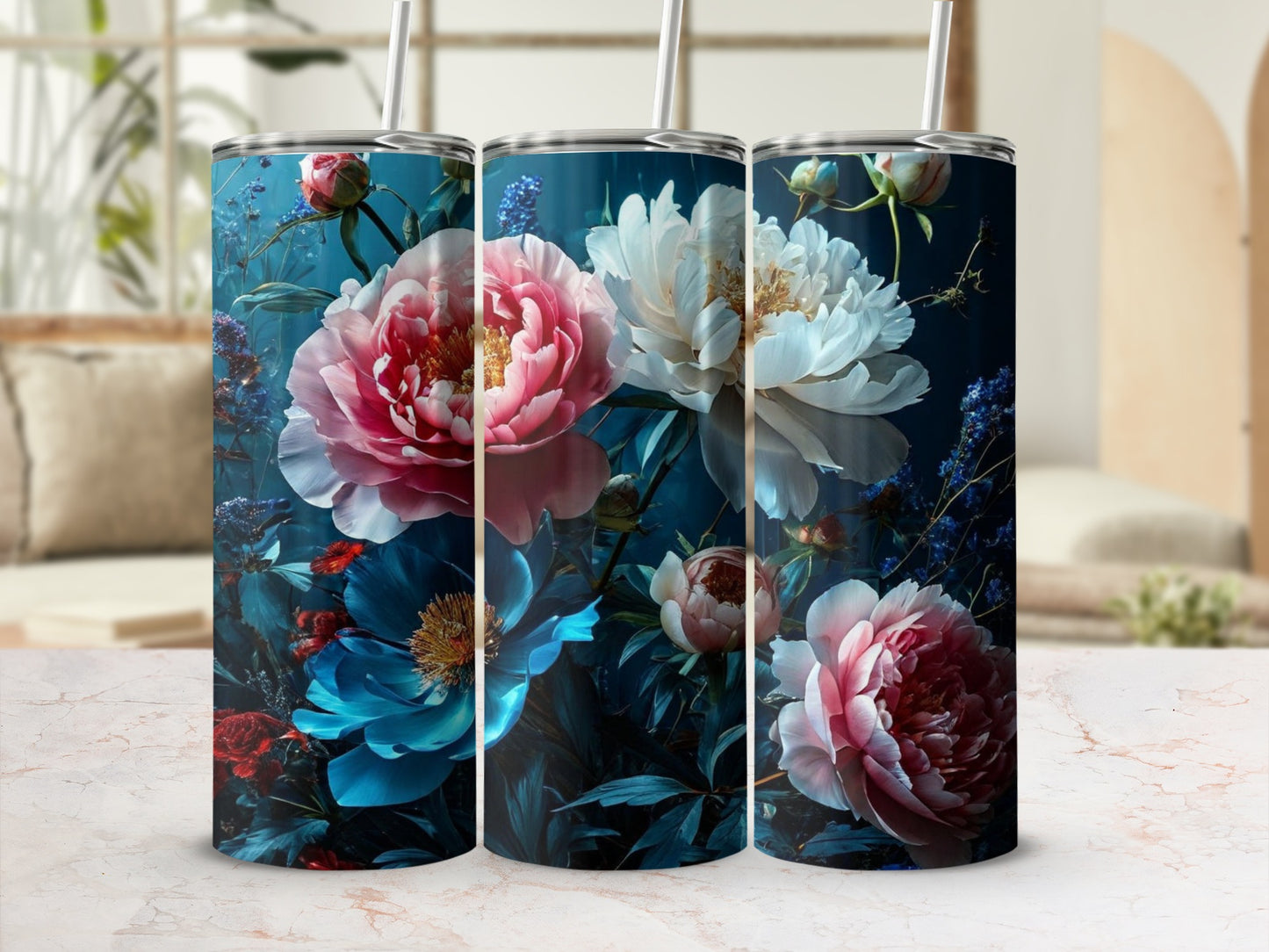 Tall tumbler with realistic pink and blue peonies and foliage.
