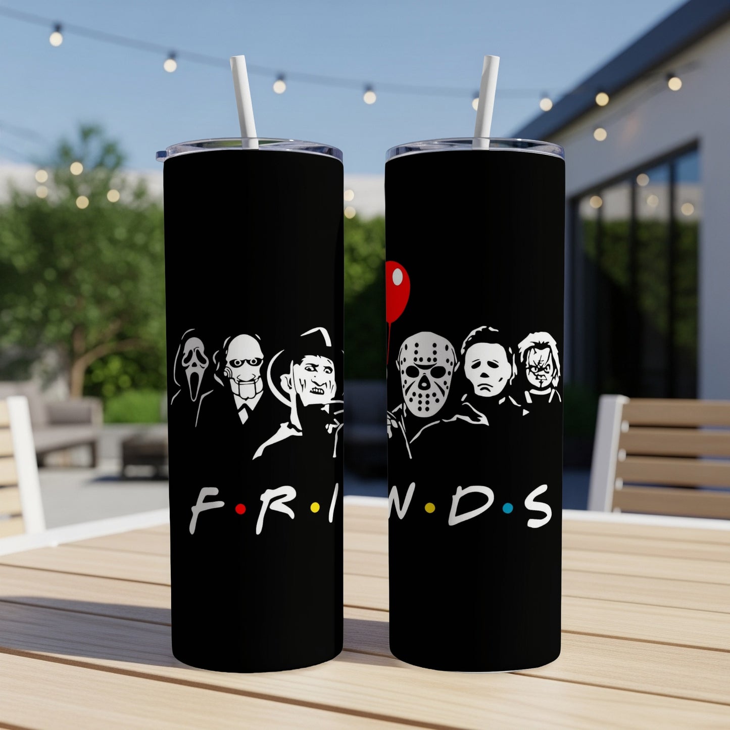 Black tumblers with horror movie characters in Friends font.