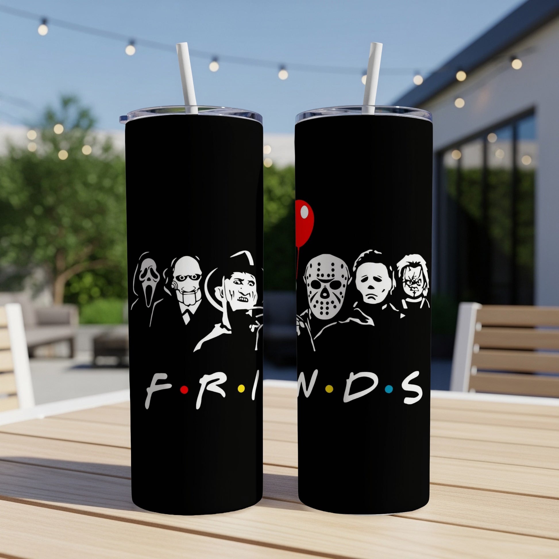 Black tumblers with horror movie characters in Friends font.