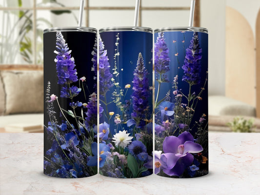 Three tumblers with a dark blue floral design featuring purple and white flowers.