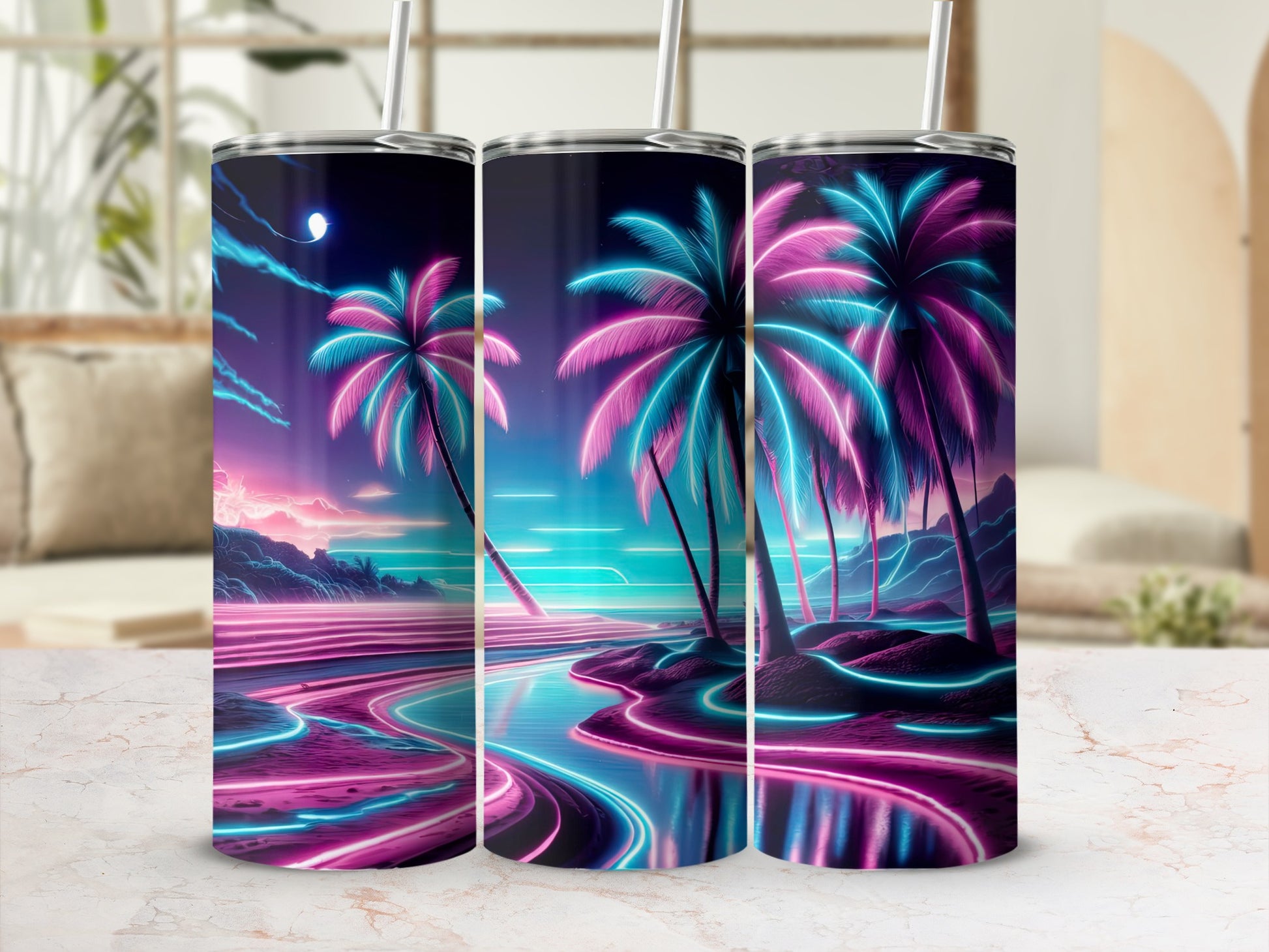 Three tumblers with neon palm trees and a futuristic beach scene.