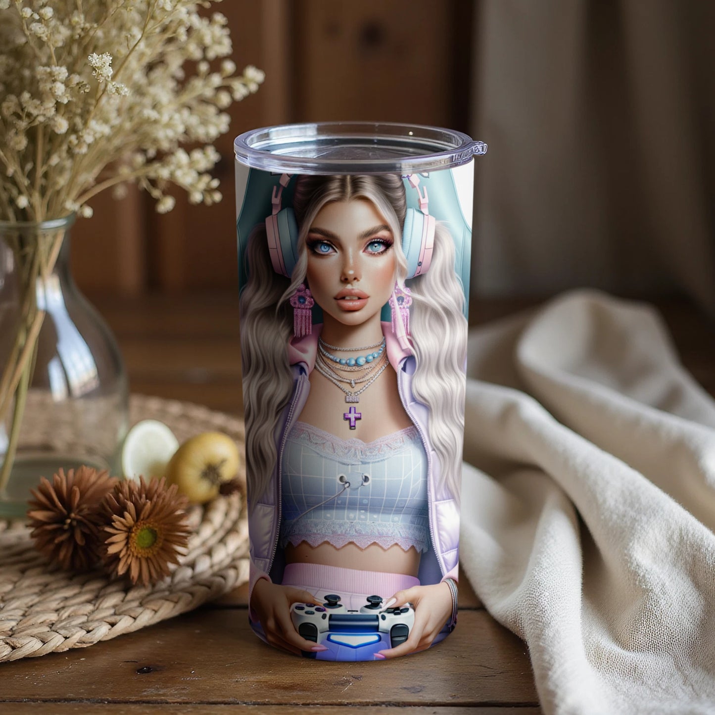 Stylish Gamer Girl Art Insulated Tumbler with Controller