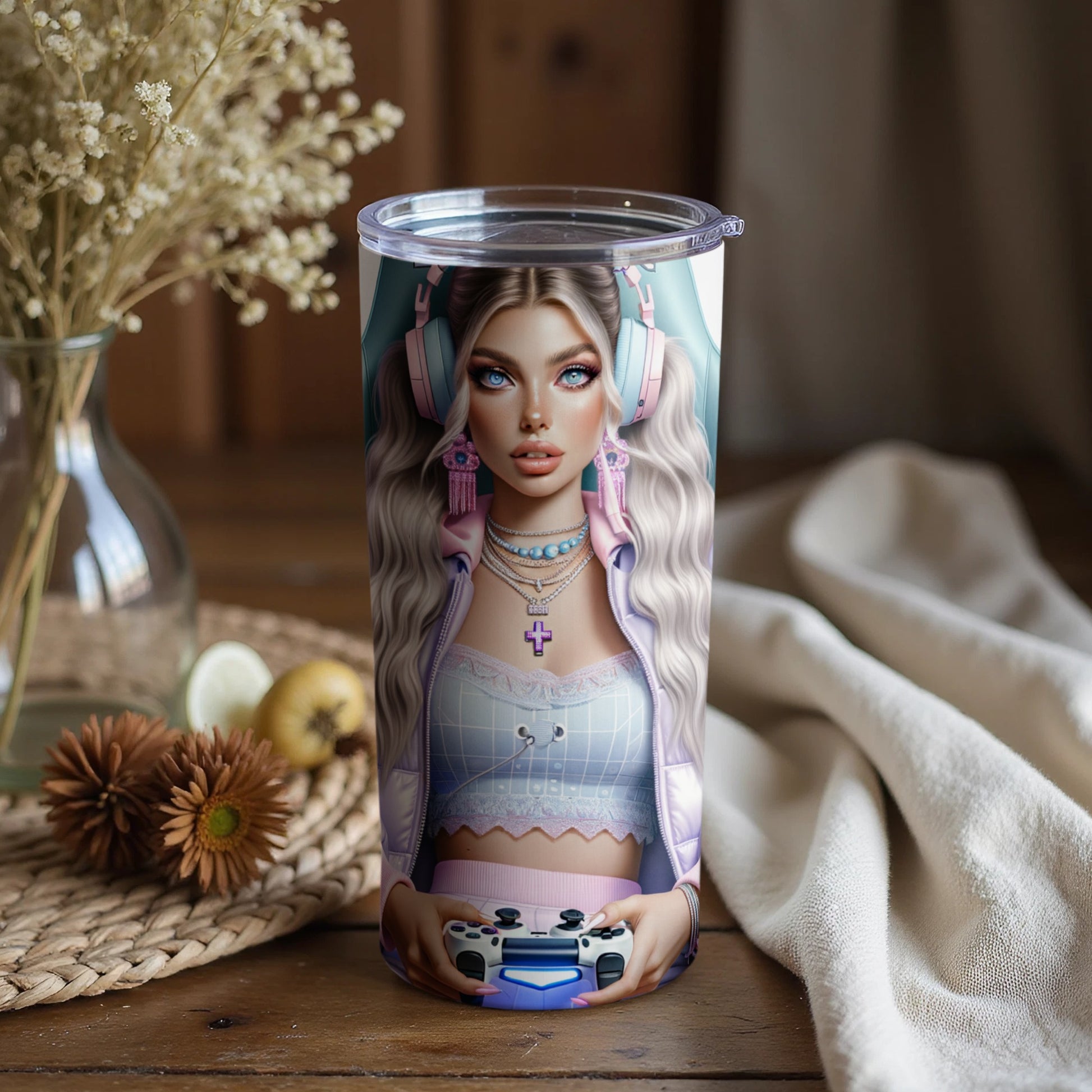Stylish Gamer Girl Art Insulated Tumbler with Controller